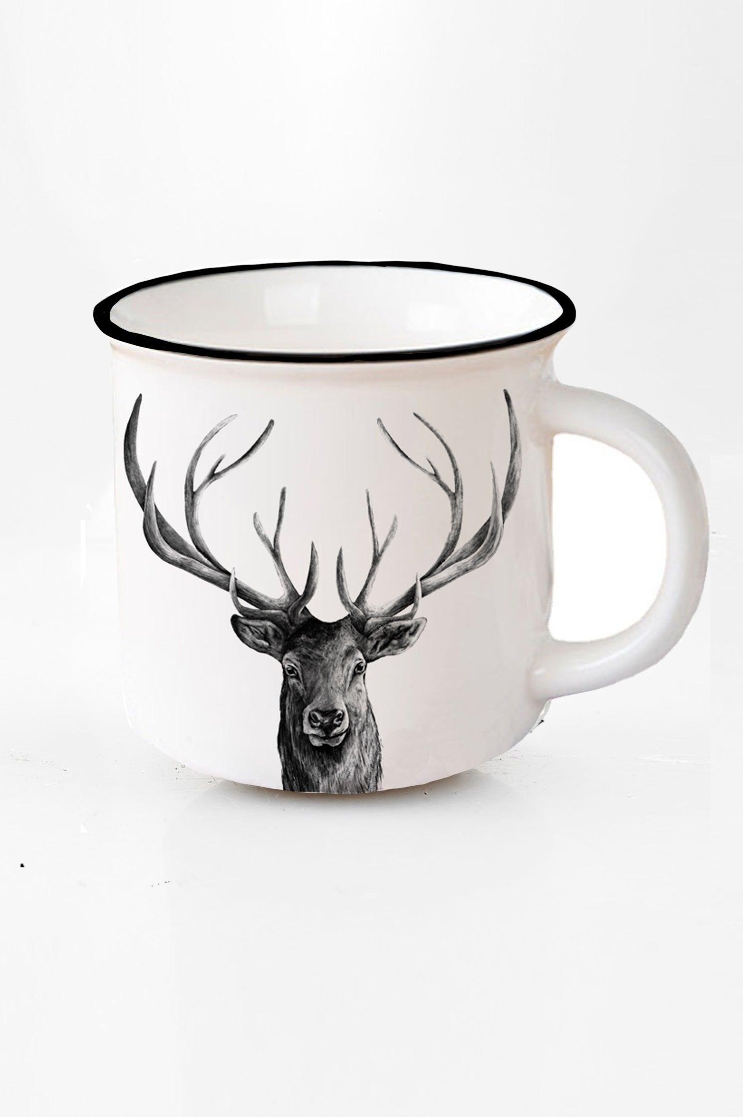 Artsy Ems Designs enamel mug features a black rim and a detailed black and white stag illustration, perfect for nature lovers.