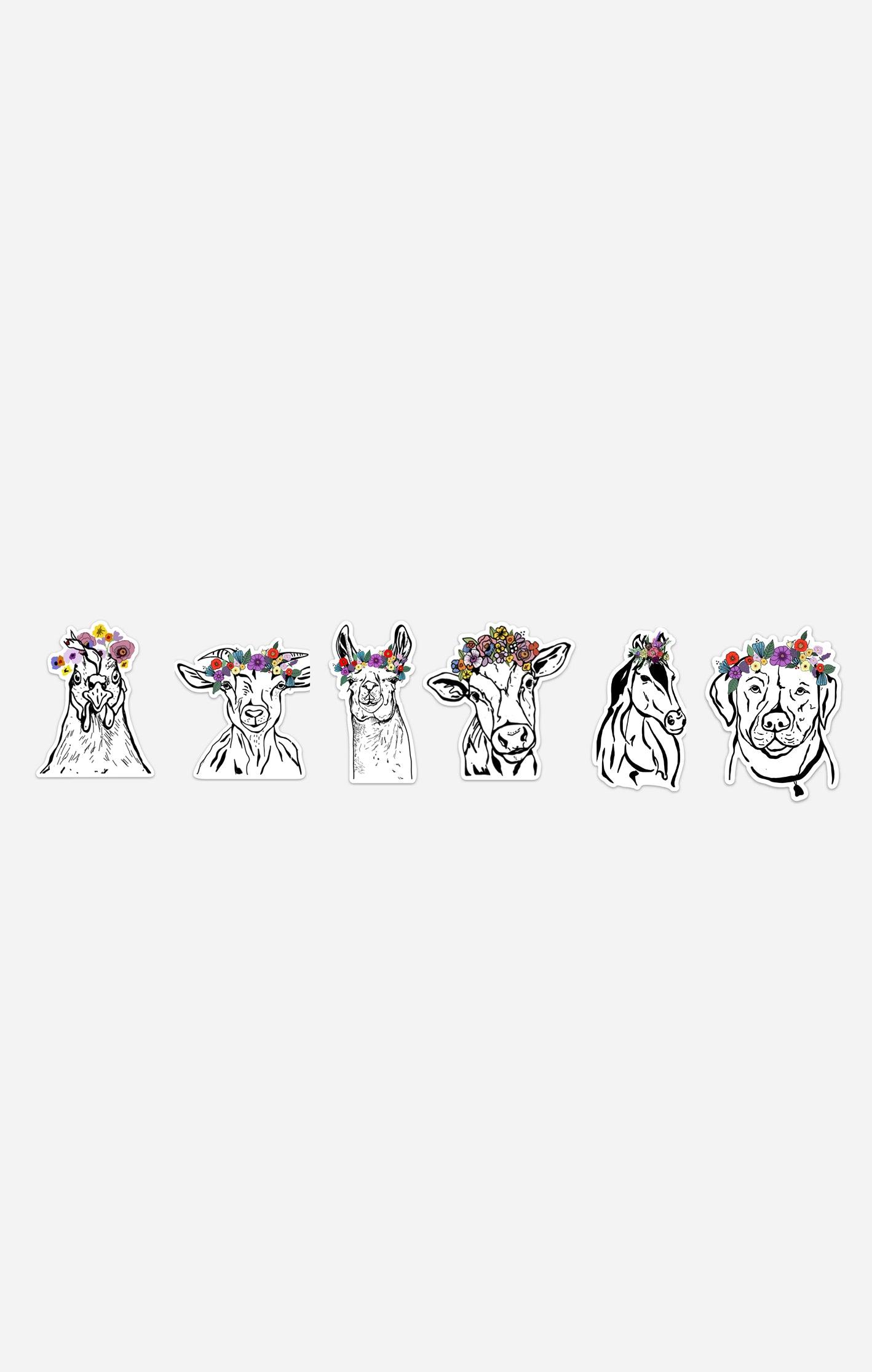 Line drawings of a goat, sheep, llama, cow, and dog—each in a colorful flower crown—are arranged on a light background. Waterproof sticker from Artsy Ems Designs Animal Collection.