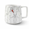 Mug with a design of a red bird on a branch against a white background