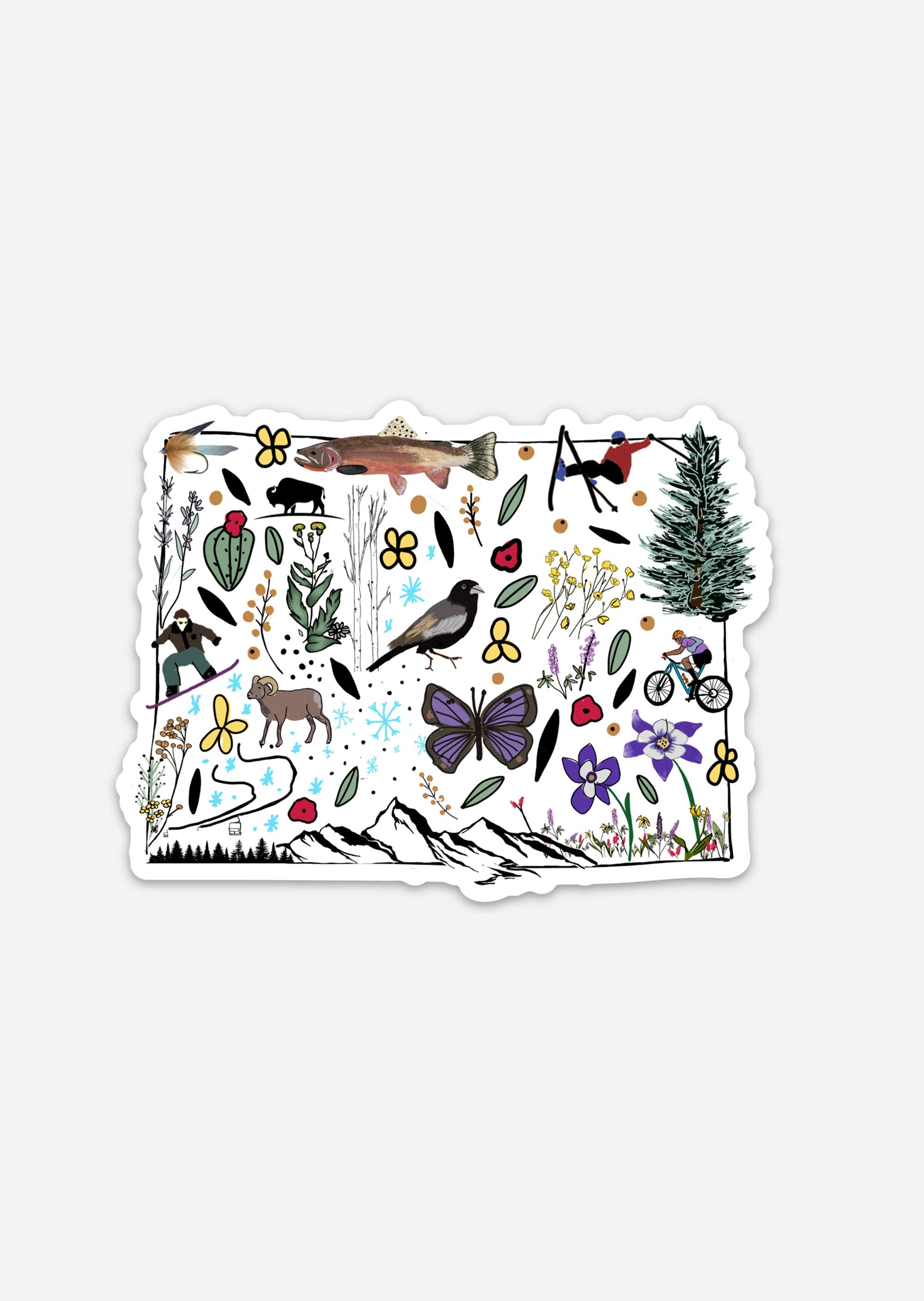 A vibrant Colorado-shaped sticker by Artsy Ems Designs, featuring a colorful collage of hand-drawn symbols—flowers, leaves, animals, butterfly, fish, bird, bicycle, mountains, and trees—printed on durable vinyl.