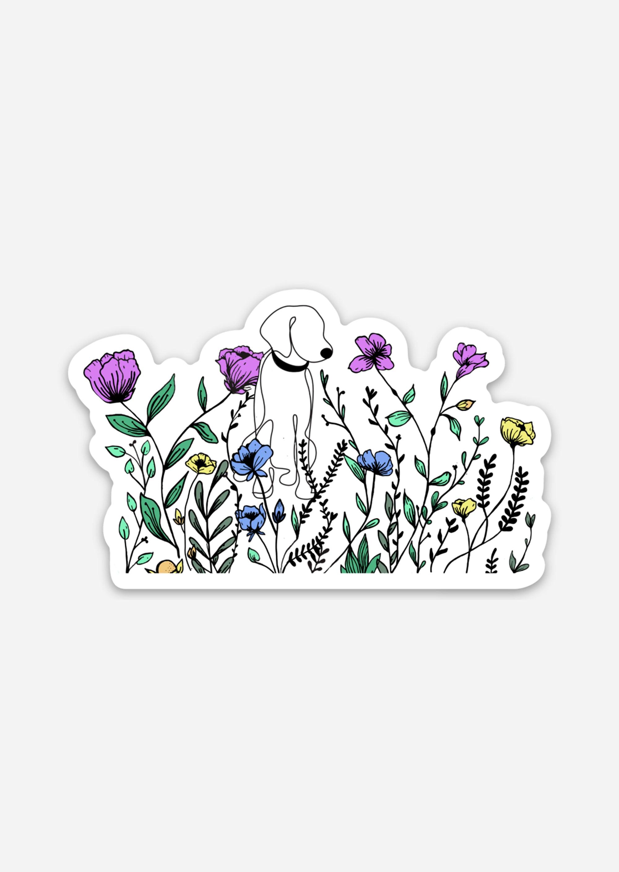 From Artsy Ems Designs, this simple line drawing features a dog sitting among colorful, hand-drawn purple, blue, and yellow flowers with green leafy plants—perfect for dog lovers and art enthusiasts alike.