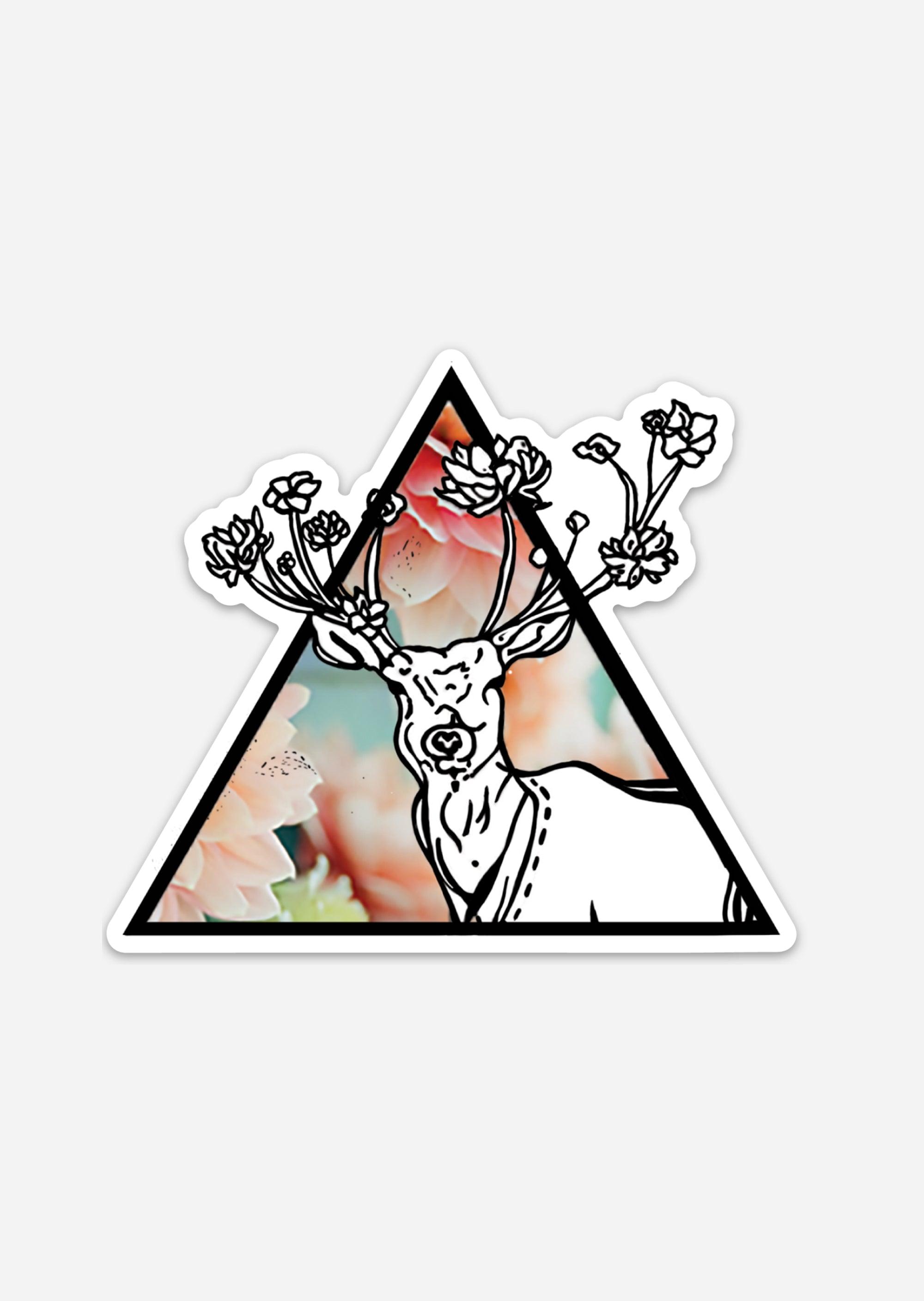 Artsy Ems Designs presents a Floral Symphony sticker: a black-outlined elk with floral antlers, set in a geometric triangle with pastel pink and green florals—perfect for wildlife and nature lovers.