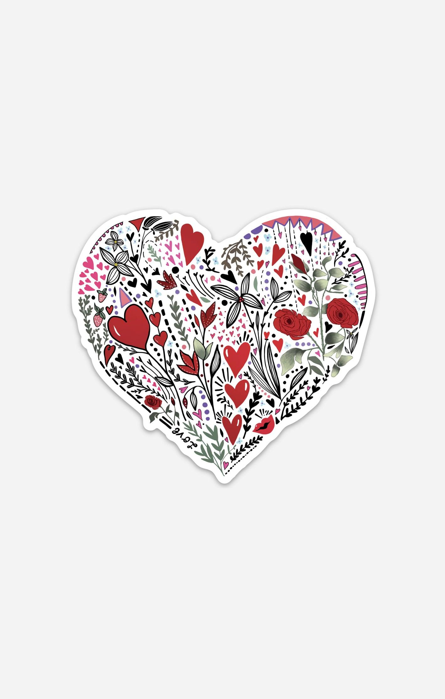 A heart-shaped Heart Sticker by Artsy Ems Designs, featuring flowers, leaves, and red hearts in black, white, red, and pink on a white background. Printed on waterproof vinyl and designed by an independent artist.