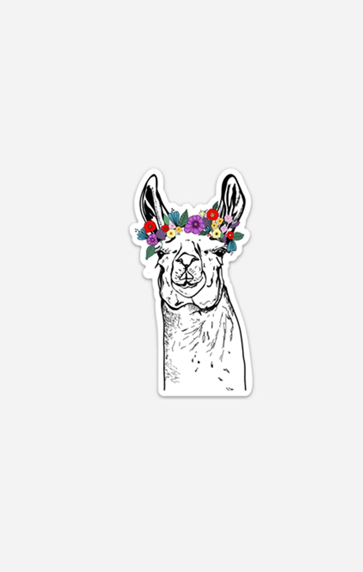 Artsy Ems Designs offers a black and white llama drawing with a vibrant flower crown in red, yellow, purple, and blue—perfect as hand-drawn stickers on a plain white background.