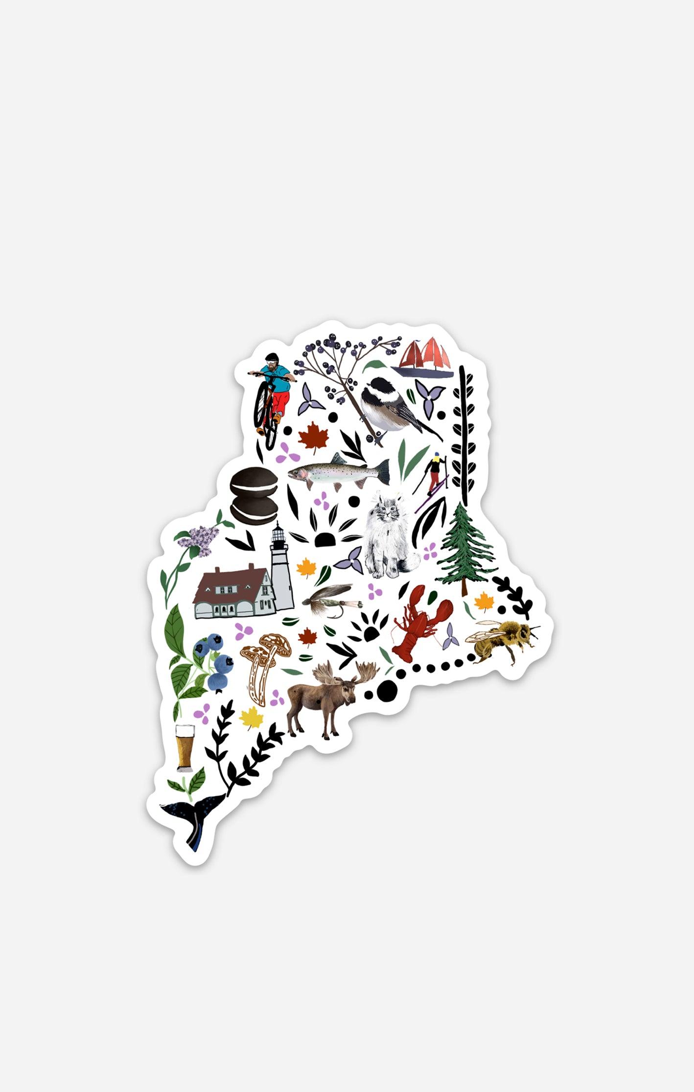 Hand-drawn Maine state-shaped sticker featuring colorful illustrations of state symbols like a lighthouse, lobster, moose, blueberries, pine trees, and a cat, designed by Artsy Em’s Designs