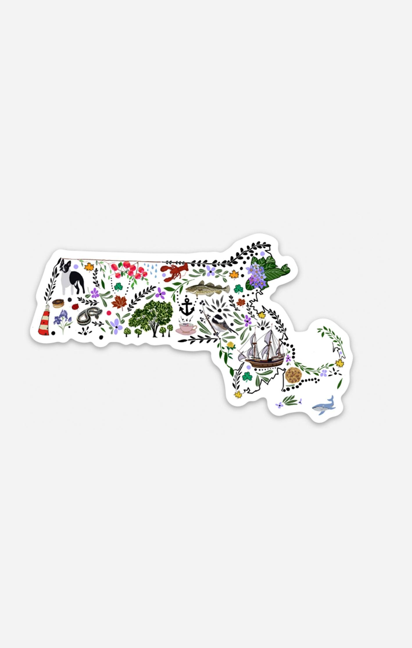 Hand-drawn Massachusetts state-shaped sticker featuring colorful illustrations of local symbols like a ship, lobster, lighthouse, trees, and wildflowers, designed by Artsy Em’s Designs.