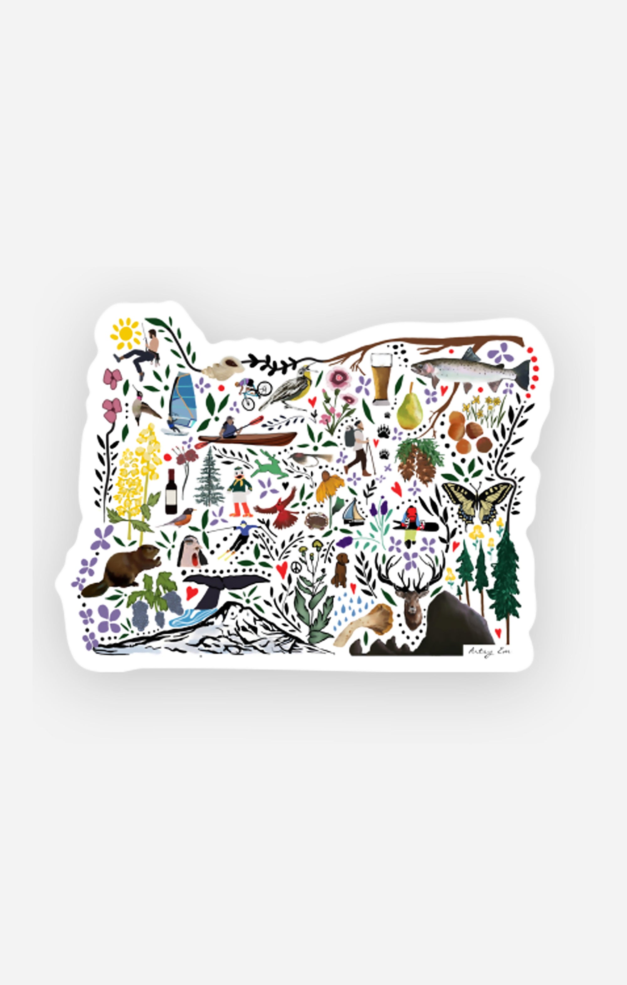 Hand-drawn Oregon state-shaped sticker featuring colorful illustrations of local symbols like wildlife, plants, and outdoor activities, designed by Artsy Em’s Designs
