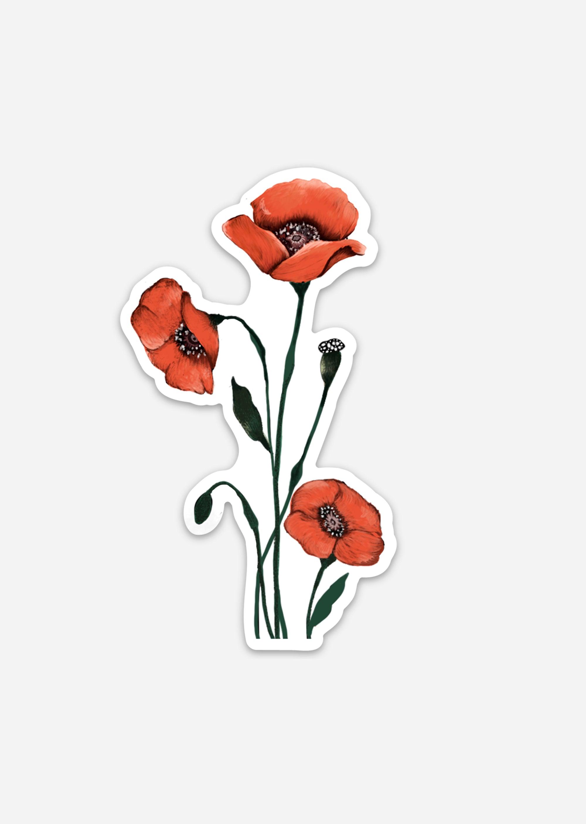 Artsy Ems Designs Poppy sticker features three red poppy flowers—one fully open, one partially open, and one bud—with green stems and leaves on a white background. Perfect for nature lovers!.