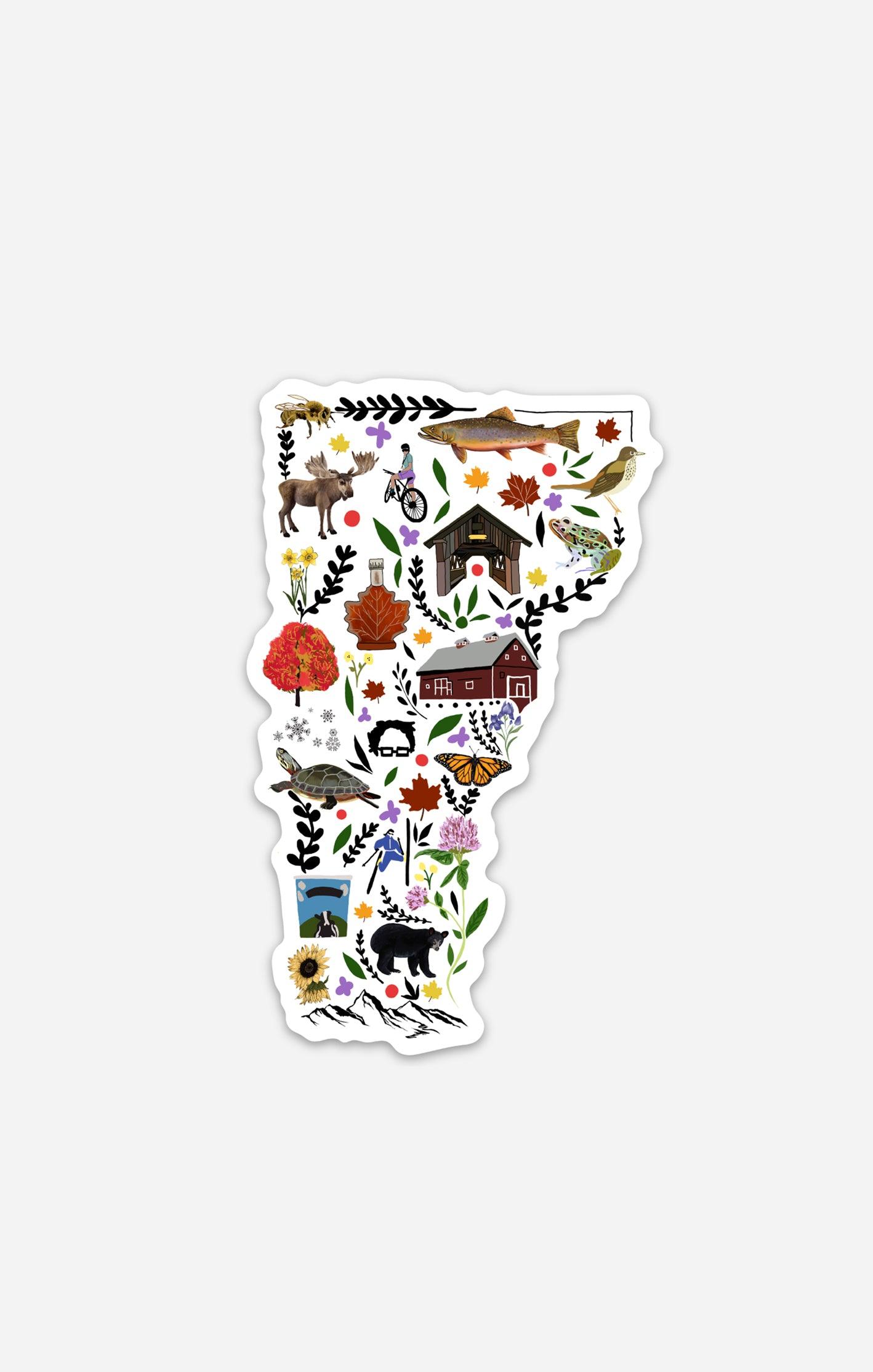 Hand-drawn Idaho state-shaped sticker featuring colorful illustrations of state symbols like mountains, moose, butterflies, and outdoor activities, designed by Artsy Em’s Designs.